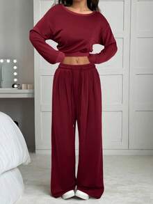 SHEIN EZwear 2pcs Women Burgundy Asymmetric Collar Drop Shoulder Cropped Top And Wide Leg Casual Pants Set, Autumn,Fall - Burgundy - View 6