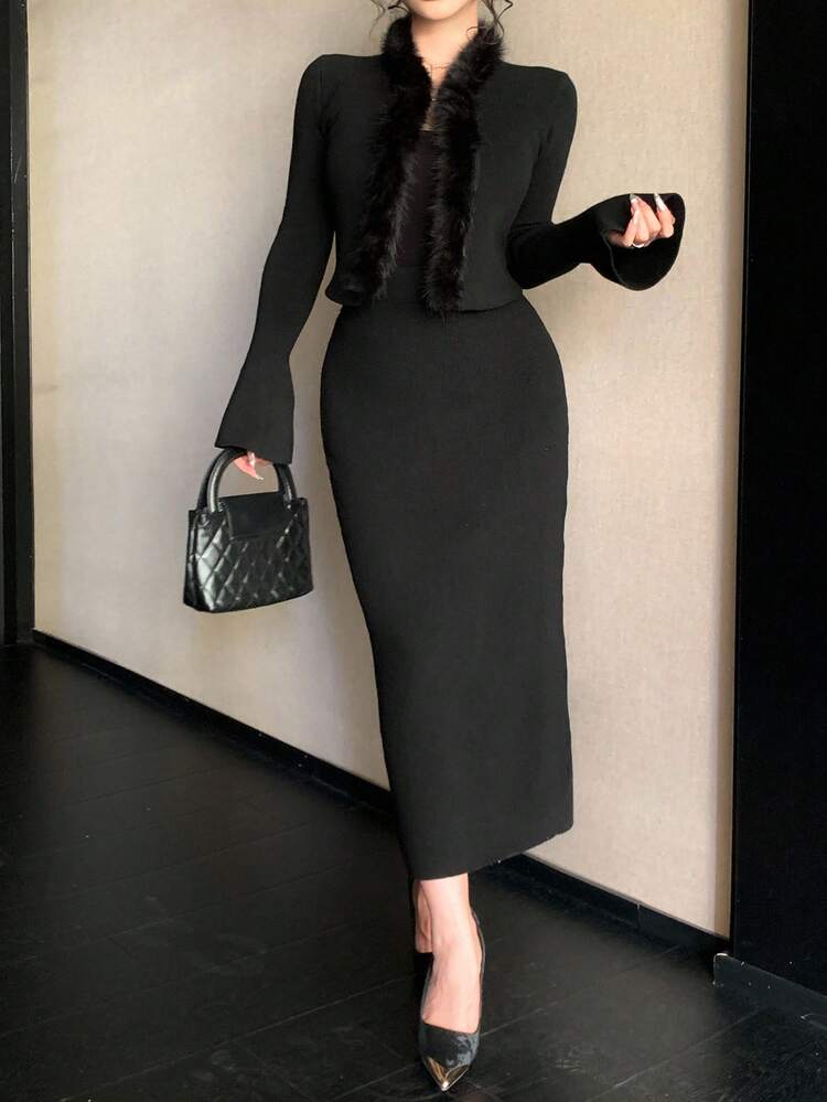 Women's Elegant Solid Color Fuzzy Trim Cardigan & Skirt 2 Pieces Set