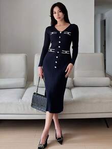 DAZY Women's Elegant Fitted Knit Midi Dress, Suitable For Commuting In Autumn Sweater Dress - Blue - View 6