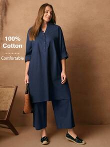 Rosumi Plus Size Women's Casual Solid Color Notched Neck Button-Up Roll Tab Sleeve Long Loose Top And Wide Leg Pants 2 Pieces Set, Spring/Autumn, , ,Plus Size  Elegant Casual,Summer