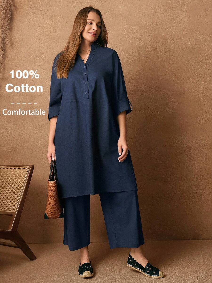 Rosumi Plus Size Women's Casual Solid Color Notched Neck Button-Up Roll Tab Sleeve Long Loose Top And Wide Leg Pants 2 Pieces Set, Spring/Autumn, , ,Plus Size  Elegant Casual,Summer