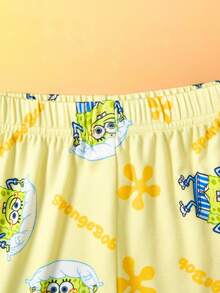 SpongeBob SquarePants | SHEIN 少女卡通全印花针织圆领紧身罗纹上衣和裤子睡衣套装 - 彩色 - 查看 4