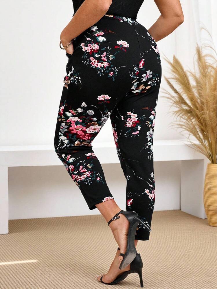 Plus Size Women Floral Print Elastic Waist Side Pocket Ankle Pants, Vacation Style, Simple And Fashion Style, Suitable For Summer,Casual Holiday Style, Casual Holiday Outfits, Summer Fashion, Women's Summer Outfits, Mother's Day Outfits, Country Concert Outfits, Women's Boho Outfits, Women's Western Outfits, Women's Holiday Outfits, Women Summer Clothing Women Plus Clothing Business Casual Woman S Summer Clothes Women Plus Clothing Formal