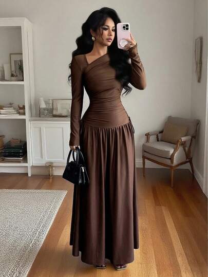 Elenzga New Women's Oblique Collar Long Sleeve Pleated Bowknot Design A-Line Waist Cinched Slimming Vacation Casual Elegant Long Dress, Spring/Autumn Fall Cloth For Women