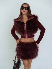 SHEIN ICON Bộ 2 món đồ bằng da và lông thú giả dành cho nữ, gợi cảm và tiên phong - Màu Đỏ Sâu - Xem 4