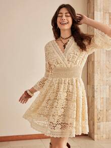 Wildy 女式休闲蕾丝拼布喇叭袖白色度假迷你连衣裙