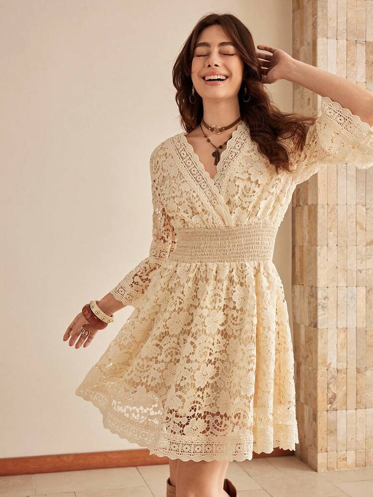 homeyee women's chic v-neck lace patchwork flare party dress a062 Homeyeewomens Chic V Neck Lace Patchwork Flare Party Dress A062