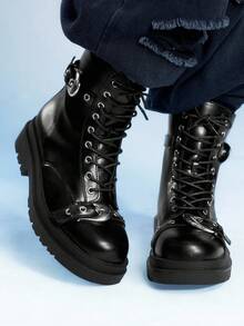 Sugerpunk 女式哥特式圆头粗跟靴，金属扣设计，PU 皮革，黑色，适合派对、日常穿着和休闲时尚 - 黑色 - 查看 3