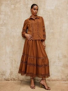 SHEIN Privé VITNOS Women's Elegant Autumn Skirt,All Shades Of Brown Bohemian Drawstring Waist Contrast Lace Ruffle Hem,Vintage Victorian Style For Tea Party - Brown - View 4