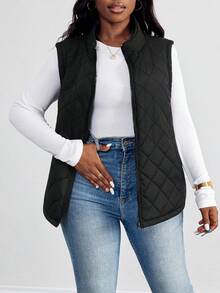 SHEIN PETITE CURVE 大码女式拉链前部保暖衬里背心夹棉外套 - 黑色 - 查看 5