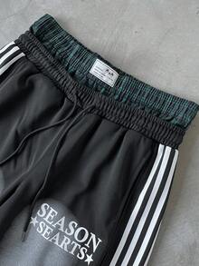 PAVTROS Manfinity Streetrush Men's Y2K Double Waist Stylish Wide-Leg Track Pants, Side Stripe & Letter Print, Casual Streetwear, Halloween, Back-To-School, Spring, Fall & Winter Apparel, Perfect Gift For Boyfriend - Black - View 4