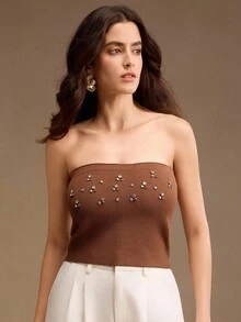 Anewsta 串珠水钻针织开衫 秋季、秋季、外出、优雅、正式、派对、别致、新年、圣诞节、工作、毕业、婚礼 - 棕色 - 查看 3