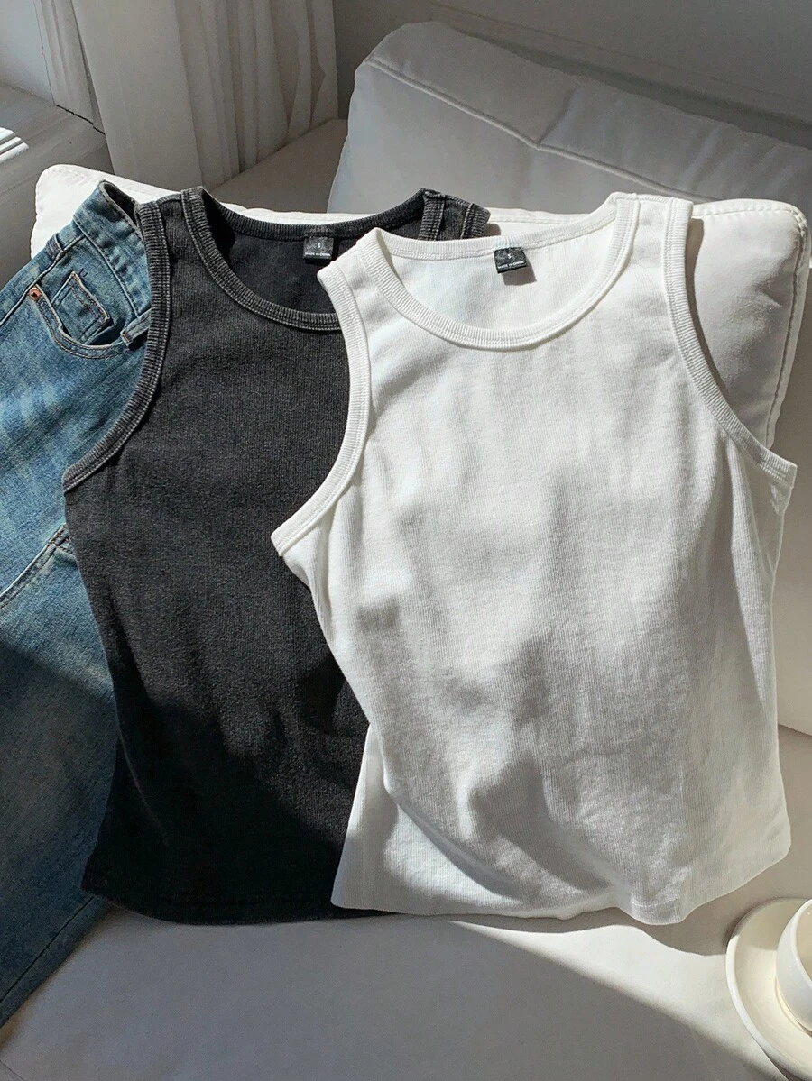 Comfortcana Versatile Women Black And White Sleeveless Tank Top Rib-Knit Round Neck Regular Fit Casual Style Ribbed Tank Tops Cotton Tank Tops Basic Tops Plain Tops