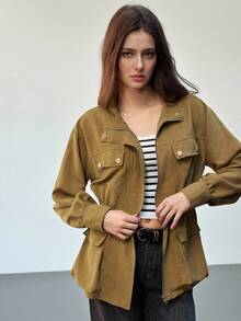 Maija 2025 橄榄绿高领金属纽扣设计女式初秋风衣棕色夹克女式春季夹克女式短袖外套女式夏季夹克女式工装夹克 - 橄欖綠 - 查看 6