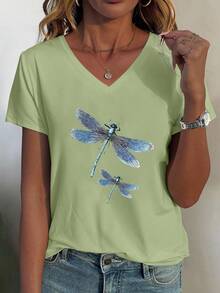 Cute Colorful Dragonfly Pattern Casual Women V-Neck Short Sleeve T-Shirt - Green - View 1