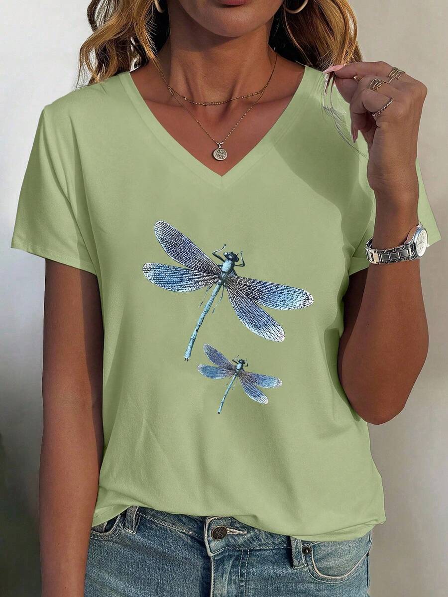 Cute Colorful Dragonfly Pattern Casual Women V-Neck Short Sleeve T-Shirt - Green - View 1