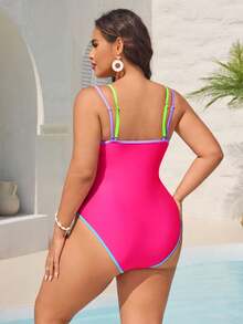 Swim Vcay Große Größen 1 Stück fuchsiafarbener passender mehrfarbiger gestreifter rückenfreier V-Ausschnitt Ausschnitt Design Badeanzug für Damen