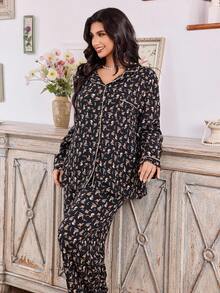 CottageSlumber Floral Print Open Front Collar Long Sleeve Top & Pants Plus Size Women Pajama Set, Fall Winter Clothes - Multicolor - View 4