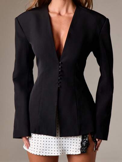 AiiRZ 优雅正式商务西装外套单排扣垫肩长袖晚会职业装束腰纽扣前部修身办公室时尚修身剪裁