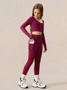 SHEIN 青少年女孩两件套红色服装，鱼骨长袖 T 恤和紧身裤，休闲时尚运动时尚校园风格长袖 T 恤和紧身裤套装，栗色 - 紫色 - 查看 5