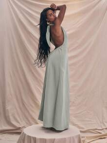 MUSERA 露背吊带深V细节超大露背长裙 春夏吊带裙 度假沙滩装 优雅罩衫 可爱性感度假 伊比沙岛 波西米亚风 婚礼宾客之夜 优雅约会之夜 秋冬夏装 - 綠色 - 查看 3