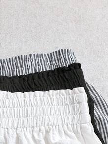 SHEIN LUNE 3pcs Women's Casual Elastic Waist Shorts Set, White Cotton Shorts, Apricot Linen Shorts, Black & White Striped Shorts, Comfortable Fabric For Daily Casual Wear, Spring/Summer