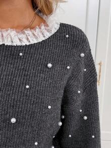 SHEIN LUNE Conjunto elegante de dos piezas gris para otoño para mujer, suéter de manga larga con patchwork de encaje con cuentas y falda, top suelto con borde de lechuga para atuendo de fiesta de cumpleaños - Gris Oscuro - Ver 8