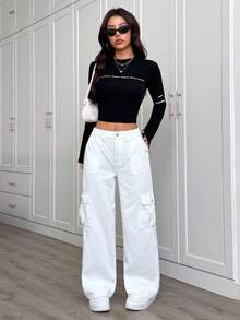 SHEIN PETITE 女式宽腿宽松休闲百搭工装牛仔裤 - 米色 - 查看 6