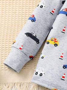 SHEIN 两件套男童修身汽车图案圆领长袖T恤和柔软舒适的睡裤套装，秋冬季，冬季套装，冬季服装，秋季穿搭，秋季服装，儿童服装 - 淺灰色 - 查看 6