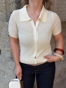 Jeta Ari Blusa de punto de mangas cortas con cuello, para verano - Blanco - Ver 3