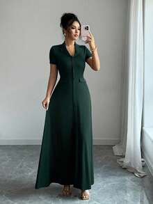 Elenzga Đầm Maxi Tay Ngắn Thắt Nơ Lưng Chữ A Lưng Cao Màu Nâu Thanh Lịch Cho Nữ - Màu xanh lá cây đậm - Xem 4