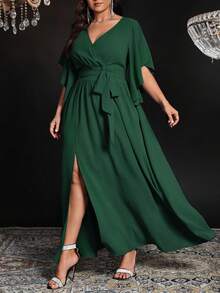 SHEIN CURVE+ 大码女式纯色修身V领喇叭袖系带腰部褶饰开衩优雅派对长裙 - 墨綠色 - 查看 4