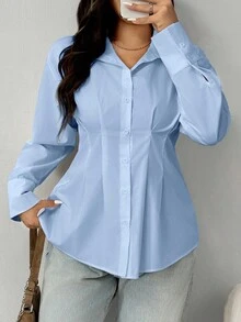 SHEIN EZwear 浅蓝色加大码女式长袖单排扣褶皱设计休闲办公衬衫 - 淺藍色 - 查看 6