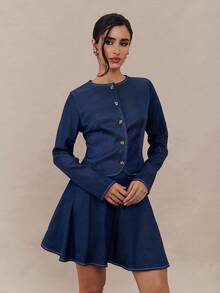 Modelyn 2pcs/Set Urban Elegant Metal Buckle Women Long Sleeve Top And Mini Skirt,Autumn Clothes For Women,Thanksgiving - Blue - View 4