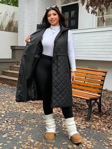 SHEIN EZwear 加大码可调节腰部抽绳宽松长款夹克，加厚，适合秋冬 - 黑色 - 查看 7