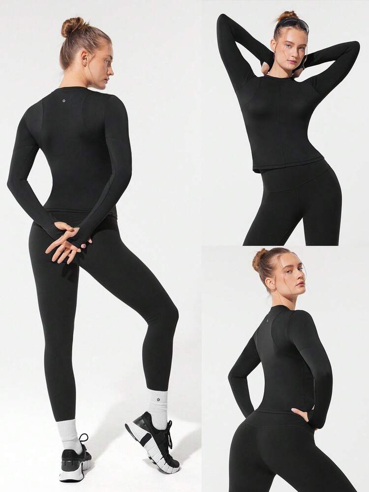 Slim Fit Warm Waist Length Knit Long-Sleeve Top With Thumbholes Running Jogging Hiking Gym Training Daily Active Wear Sweat-Wicking