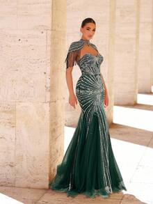 Glamrae Váy đuôi cá lưới đính ngọc trai và sequin sang trọng thanh lịch với thiết kế tay tua rua, phù hợp cho đám cưới, tiệc tùng, kỳ nghỉ, dạ hội, trang phục trang trọng buổi tối (được trang trí nhiều chi tiết) - Màu xanh lá cây đậm - Xem 4