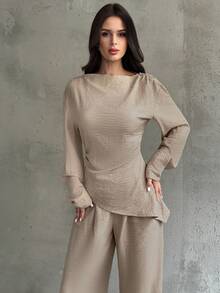 Firerie 2pcs Women's Khaki Elegant Office Outfit,Autumn Asymmetric Ruched Waist Long Sleeve Blouse And Wide Leg Pants,Linen Minimalist Casual Commute Suit - Khaki - View 4