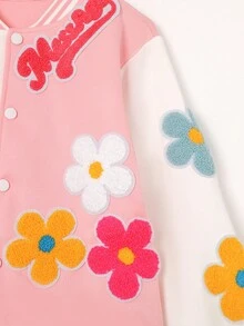 SHEIN Girls' Casual Fashionable Versatile Colorful 3D Floral Contrast Color Loose Baseball Jacket Coat, Spring/Autumn Fall Winter - Multicolor - View 5