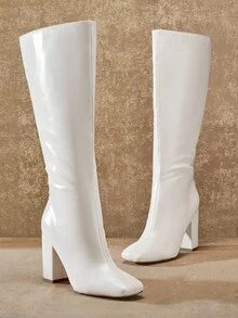 SHUZIA 女士时尚舒适及膝侧拉链粗跟靴 - 白色 - 查看 4