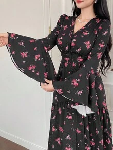 DAZY 女士印花V领单排扣荷叶边喇叭袖连衣裙波西米亚风度假装 - 黑色 - 查看 6