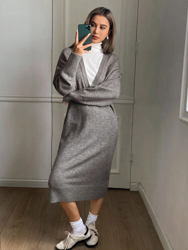 Patchwork Contrast Color Loose Long Sleeve High Neck Dress, Elegant Sweater Dress For Women, Autumn/Winter