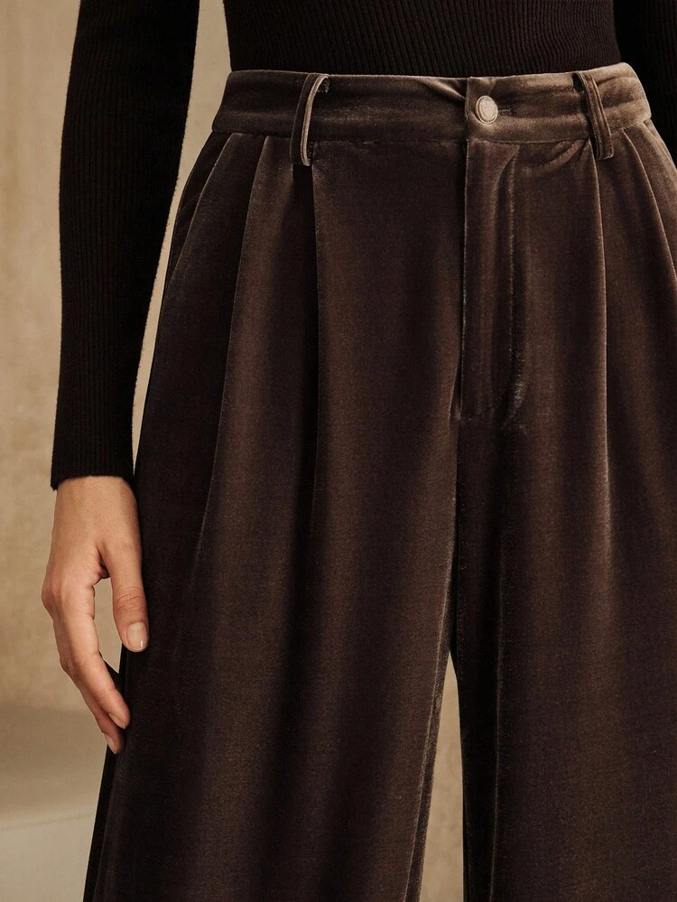 Elegant Loose Fit Velvet Wide Leg Pants, Chic Business, Spring Casual