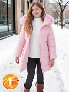 SHEIN 女孩冬季连帽棉服夹克，长袖泰迪熊毛绒内衬，绗缝渐变格纹图案，中长款棉质外套，时尚百搭，搭配裤子、运动裤、连体裤、运动衫、连帽衫、粉色连帽仿皮草装饰中长款棉质外套 - 粉色 - 查看 5