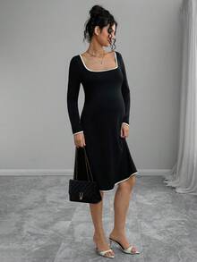 Momance Váy bầu cổ vuông tay dài viền màu tương phản - màu đen - Xem 1