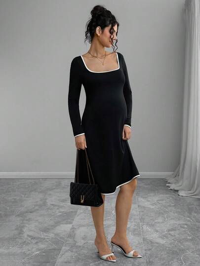 Momance 孕妇撞色镶边方领长袖连衣裙