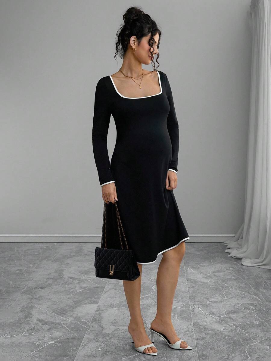 Momance Váy bầu cổ vuông tay dài viền màu tương phản - màu đen - Xem 1