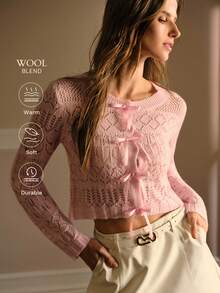 MOTF PREMIUM CÁRDIGAN CON DETALLE DE LAZO Y CALADO - Rosa - Ver 2