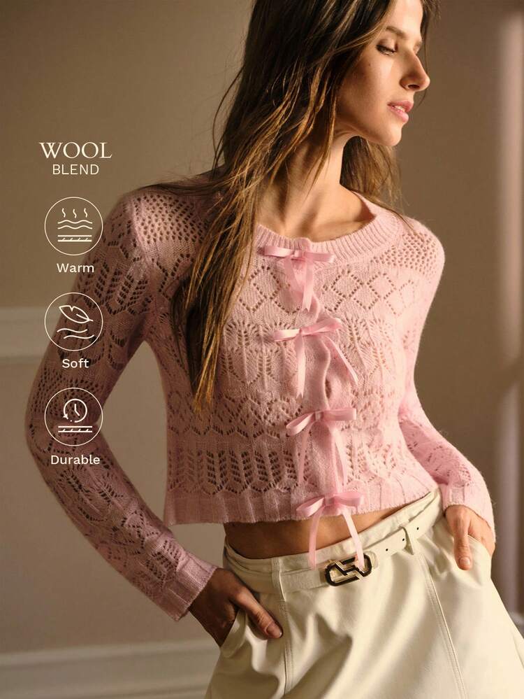 BOW DETAIL HOLLOW OUT CARDIGAN
