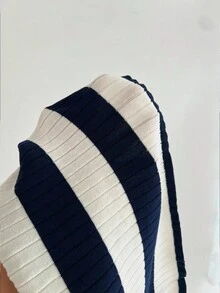 SHEIN Unity 女式休闲翻领蓝白条纹针织连衣裙，秋冬 - 藍白色 - 查看 8